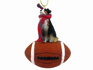 Tricolor Australian Shepherd Dog on Football Christmas Ornament – Hand-Painted Stone Resin