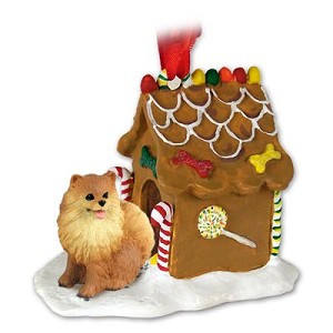Red Pomeranian Dog with Gingerbread House Christmas Ornament – Hand-Painted Stone Resin