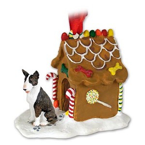 Brindle Bull Terrier Dog with Gingerbread House Christmas Ornament – Hand-Painted Stone Resin