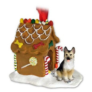 Tan Black German Shepherd Dog with Gingerbread House Christmas Ornament – Hand-Painted Stone Resin