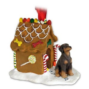 Red Uncropped Ears Doberman Pinscher Dog with Gingerbread House Christmas Ornament