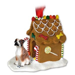 Brindle Uncropped Ears Boxer Dog with Gingerbread House Christmas Ornament
