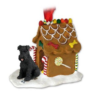 Black Uncropped Ears Schnauzer Dog with Gingerbread House Christmas Ornament