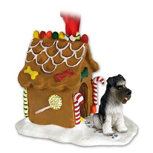 Gray Uncropped Ears Schnauzer Dog with Gingerbread House Christmas Ornament