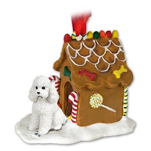 White Sport Cut Poodle Dog with Gingerbread House Christmas Ornament – Hand-Painted Stone Resin