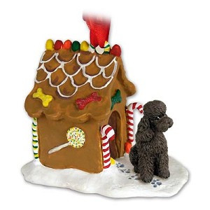 Chocolate Sport Cut Poodle Dog with Gingerbread House Christmas Ornament – Hand-Painted Stone Resin