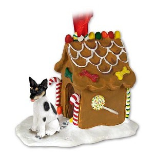 Black and White Rat Terrier Dog with Gingerbread House Christmas Ornament – Hand-Painted Stone Resin