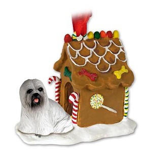 Gray Lhasa Apso Dog with Gingerbread House Christmas Ornament – Hand-Painted Stone Resin