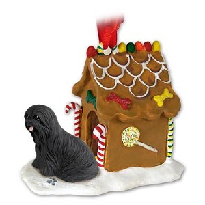 Black Lhasa Apso Dog with Gingerbread House Christmas Ornament – Hand-Painted Stone Resin