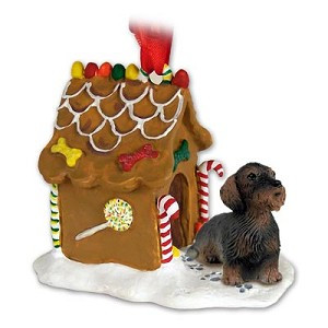 Wirehaired Red Dachshund Dog with Gingerbread House Christmas Ornament – Hand-Painted Stone Resin