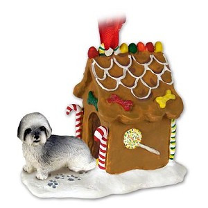 Gray Sport Cut Lhasa Apso Dog with Gingerbread House Christmas Ornament – Hand-Painted Stone Resin