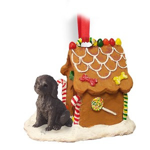 Chocolate Labradoodle Dog with Gingerbread House Christmas Ornament – Hand-Painted Stone Resin
