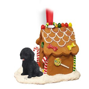 Black Cockapoo Dog with Gingerbread House Christmas Ornament – Hand-Painted Stone Resin