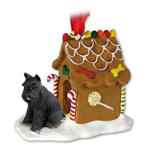 Black Schnauzer Dog with Gingerbread House Christmas Ornament – Hand-Painted Stone Resin