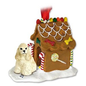 Blonde Cocker Spaniel Dog with Gingerbread House Christmas Ornament – Hand-Painted Stone Resin