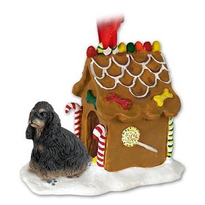 Black & Tan Cocker Spaniel Dog with Gingerbread House Christmas Ornament – Hand-Painted Stone Resin