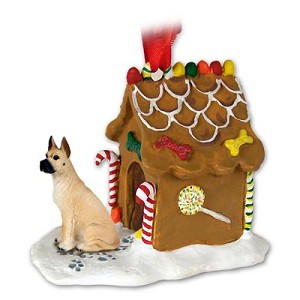 Fawn Great Dane Dog with Gingerbread House Christmas Ornament – Hand-Painted Stone Resin