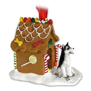 Black & White Brown Eyes Husky Dog with Gingerbread House Christmas Ornament