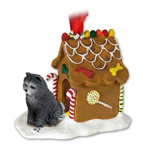 Blue Chow Dog with Gingerbread House Christmas Ornament – Hand-Painted Stone Resin