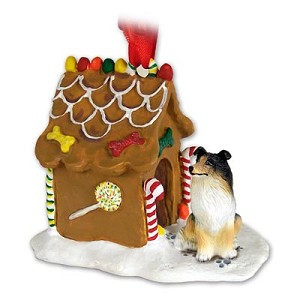 Tricolor Collie Dog with Gingerbread House Christmas Ornament – Hand-Painted Stone Resin