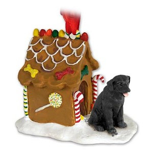Black Labrador Retriever Dog with Gingerbread House Christmas Ornament – Hand-Painted Stone Resin