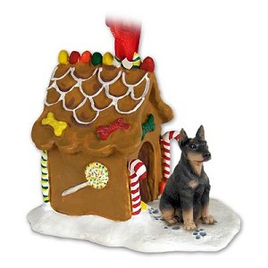 Black with Cropped Ears Doberman Pinscher Dog with Gingerbread House Christmas Ornament