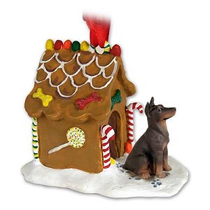 Red, Cropped Ears Doberman Pinscher Dog with Gingerbread House Christmas Ornament