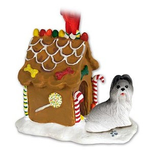 Gray Shih Tzu Dog with Gingerbread House Christmas Ornament – Hand-Painted Stone Resin