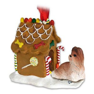 Tan Shih Tzu Dog with Gingerbread House Christmas Ornament – Hand-Painted Stone Resin