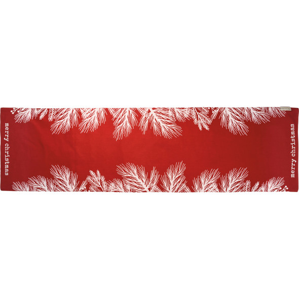 Double Sided Cotton Linen Table Runner Cloth - Merry Christmas & Believe - Red & White Snowflakes & Pine Branches from Primitives by Kathy