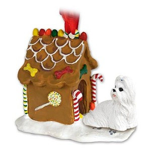 White Shih Tzu Dog with Gingerbread House Christmas Ornament – Hand-Painted Stone Resin
