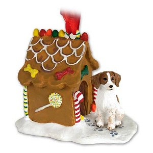 Brown & White Brittany Dog with Gingerbread House Christmas Ornament – Hand-Painted Stone Resin