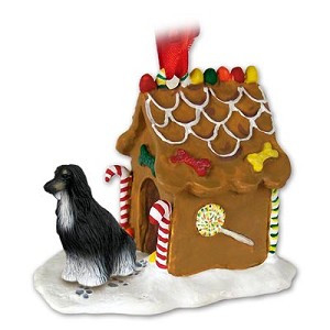 Black & White Afghan Hound Dog with Gingerbread House Christmas Ornament – Hand-Painted Stone Resin