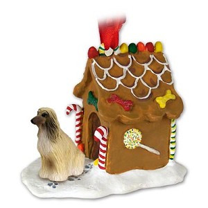 Tan & White Afghan Hound Dog with Gingerbread House Christmas Ornament – Hand-Painted Stone Resin