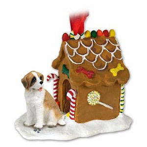 Rough Coat Saint Bernard Dog with Gingerbread House Christmas Ornament – Hand-Painted Stone Resin