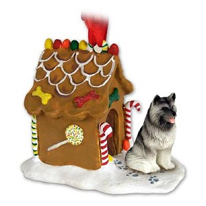 Keeshond Dog with Gingerbread House Christmas Ornament – Hand-Painted Stone Resin