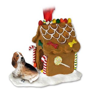 Basset Hound Dog with Gingerbread House Christmas Ornament – Hand-Painted Stone Resin