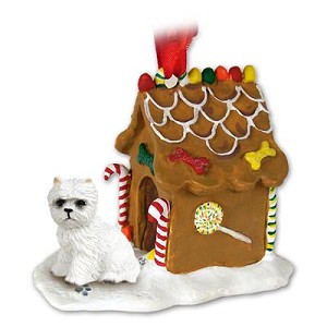 West Highland White Terrier Dog with Gingerbread House Christmas Ornament – Hand-Painted Stone Resin