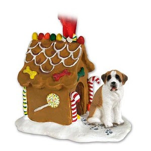 Smooth Coat Saint Bernard Dog with Gingerbread House Christmas Ornament – Hand-Painted Stone Resin
