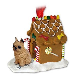Red Brussels Griffon Dog with Gingerbread House Christmas Ornament – Hand-Painted Stone Resin