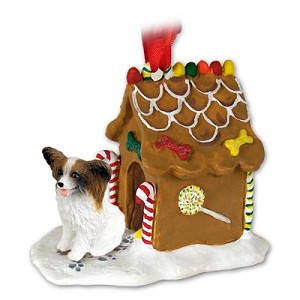 Brown & White Papillon Dog with Gingerbread House Christmas Ornament – Hand-Painted Stone Resin