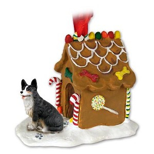 Black and white Cardigan Welsh Corgi Dog with Gingerbread House Christmas Ornament