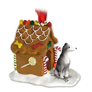 Blue White Greyhound Dog with Gingerbread House Christmas Ornament – Hand-Painted Stone Resin