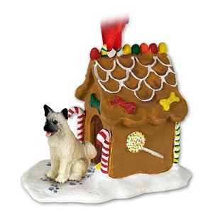Fawn Akita Dog with Gingerbread House Christmas Ornament – Hand-Painted Stone Resin