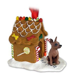 Red & Brown Miniature Pinscher Dog with Gingerbread House Christmas Ornament