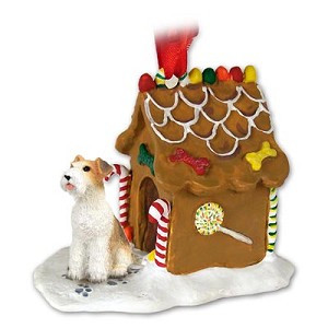 Red Wire Fox Terrier Dog with Gingerbread House Christmas Ornament – Hand-Painted Stone Resin