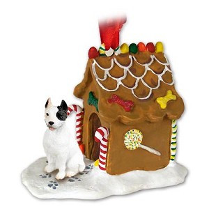 White Pit Bull Terrier Dog with Gingerbread House Christmas Ornament – Hand-Painted Stone Resin