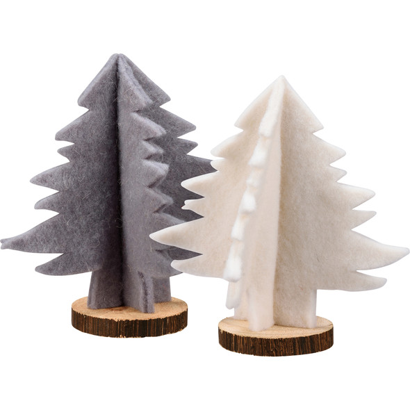 Set of 2 Felt Pine Tree Figurines With Wood Base - Gray & White 7 Inch from Primitives by Kathy
