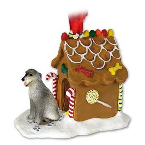 Irish Wolfhound Dog with Gingerbread House Christmas Ornament – Hand-Painted Stone Resin
