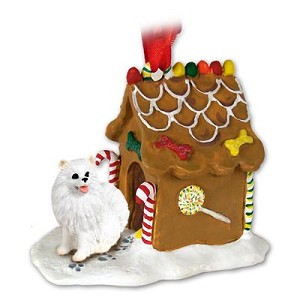 Miniature American Eskimo Dog with Gingerbread House Christmas Ornament – Hand-Painted Stone Resin